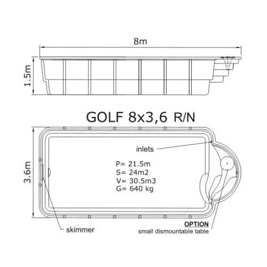 Golf πολυεστερική πισίνα με ρωμαϊκά αντιολισθητικά σκαλοπάτια 800x360x150CM