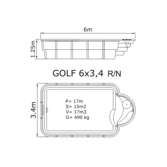 Golf πολυεστερική πισίνα με ρωμαϊκά αντιολισθητικά σκαλοπάτια 600x340x125CM