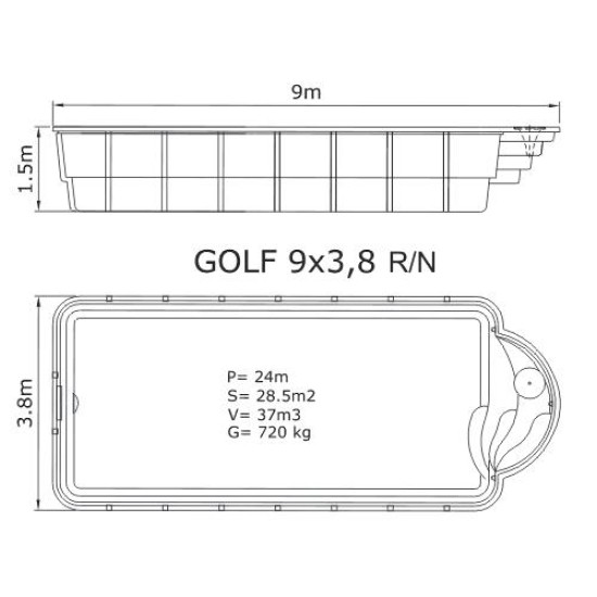 Golf πολυεστερική πισίνα με ρωμαϊκά αντιολισθητικά σκαλοπάτια 900x380x150CM