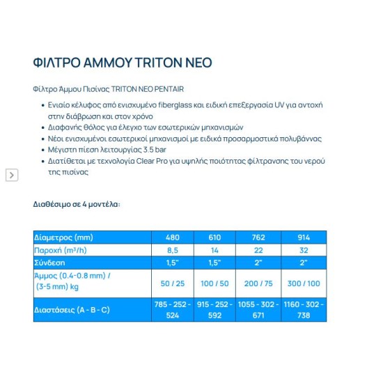 Φίλτρο άμμου πισίνας Pentair triton 14m3/h 1½ Φ610