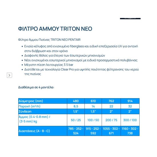 Φίλτρο άμμου πισίνας Pentair triton 32m3/h 2 Φ914