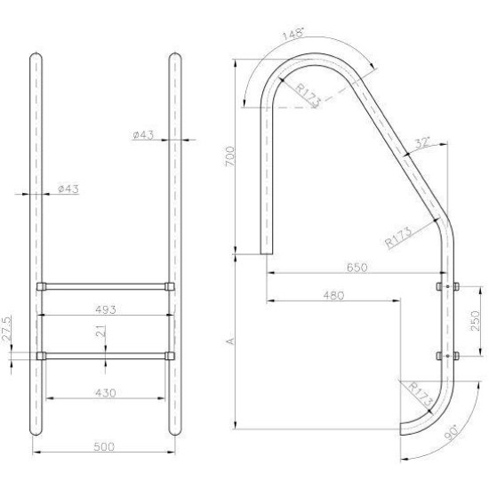 STANDARD ladder 4 steps INOX (304) HAYWARD