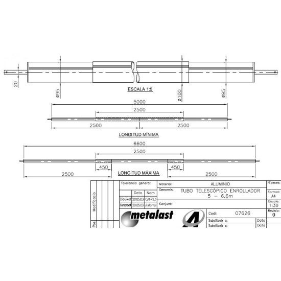 Central telescopic pipe in anodised aluminium, length 5 - 6,6m Φ100